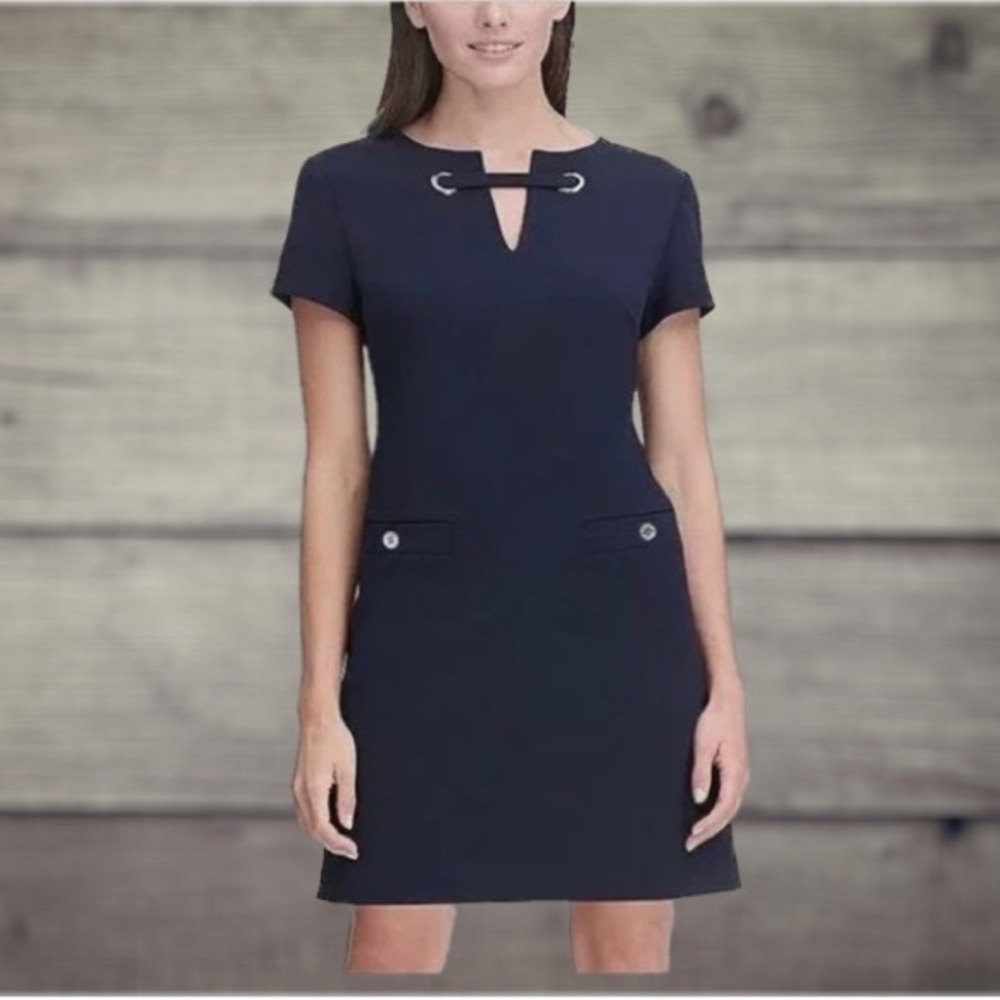 Tommy Hilfiger Navy Blue Scuba Crepe Grommet Detail Pocket Dress